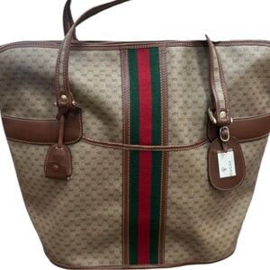 Gucci GG Supreme Web Stripe Large Tote Brown Leather Entrupy Certified